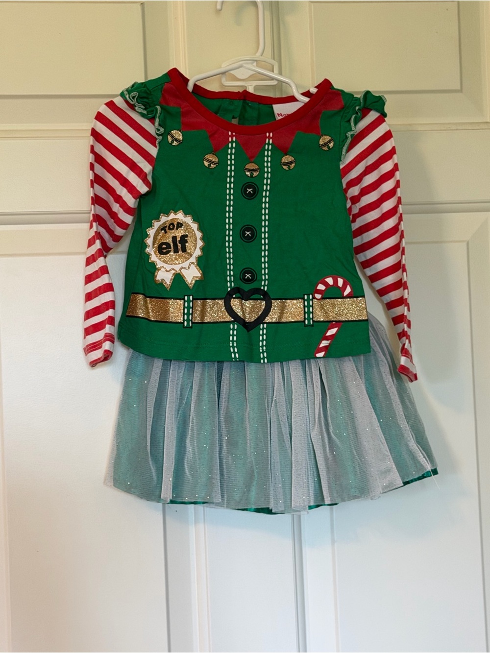 Nannette Green & Red Holiday Elf Matching Set with Gold Belt and Sparkle Tulle